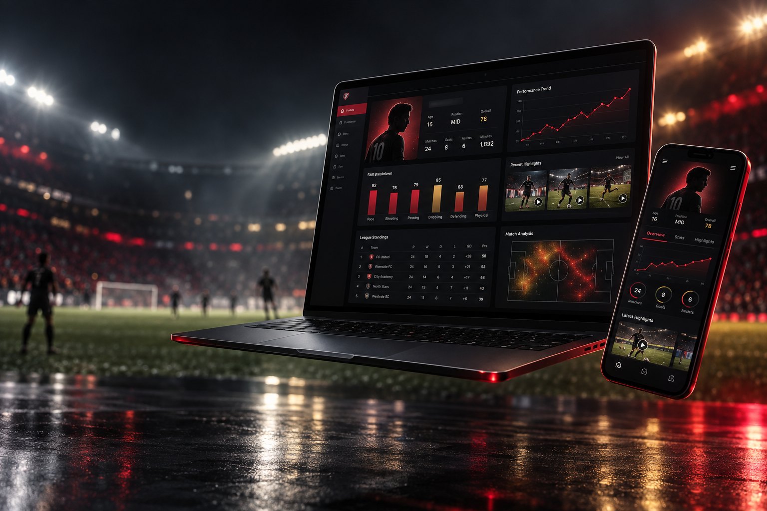 Play 2 Earn Sports dashboard with player stats, highlights and league standings
