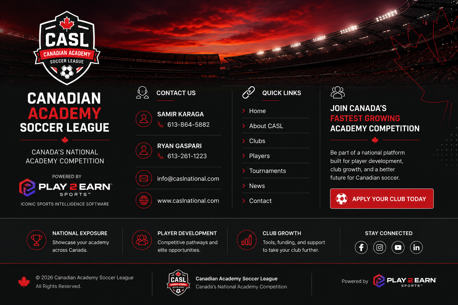 United Independent Soccer League of Canada (UISLC) footer with contact information, quick links, club application, and Play 2 Earn Sports