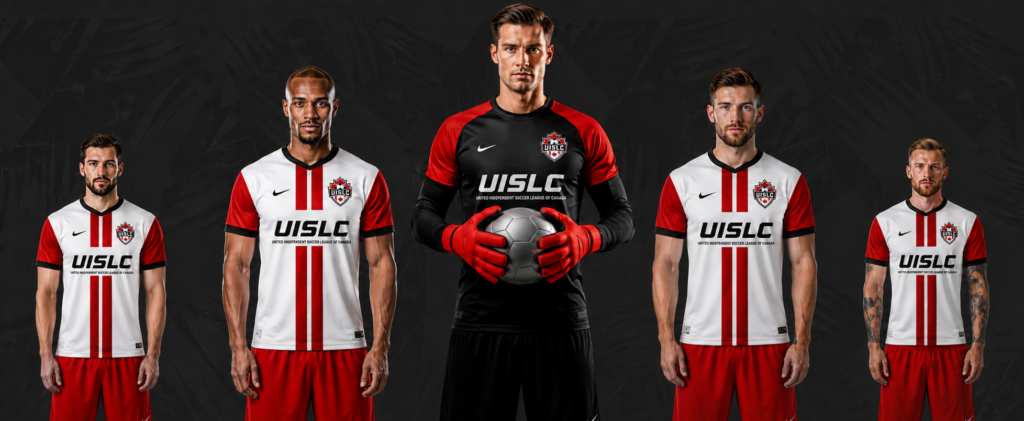 United Independent Soccer League of Canada players wearing official United Independent Soccer League of Canada home and goalkeeper uniforms.